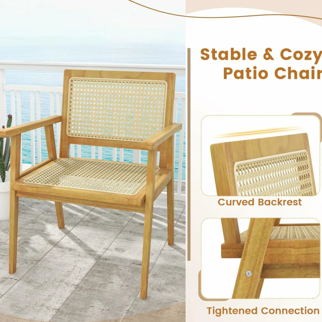 Tangkula Outdoor Wood Chair, Teak Wood Armchair with Rattan Seat & Back