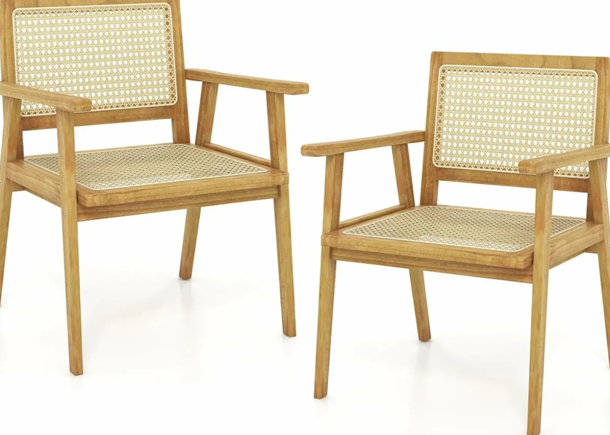 Tangkula Outdoor Wood Chair, Teak Wood Armchair with Rattan Seat & Back