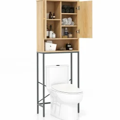 Tangkula Over The Toilet Storage Cabinet, 69" Tall Freestanding Above Toilet Organizer (Farmhouse, Natural)