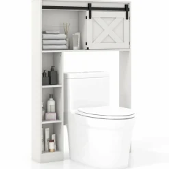 Tangkula Over The Toilet Storage Cabinet, Freestanding Bathroom Organizer Above Toilet with Sliding Barn Door & Storage Shelves