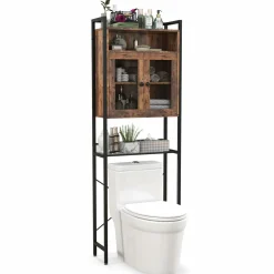 Tangkula Over The Toilet Storage Cabinet, 5-Tier Bathroom Space Saver w/2 Metal Mesh Doors & 3-Position Adjustable Shelf