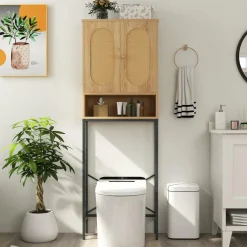 Tangkula Over The Toilet Storage Cabinet, 69" Tall Freestanding Above Toilet Organizer (Farmhouse, Natural)