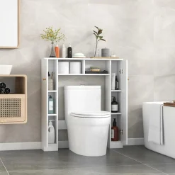 Tangkula Over The Toilet Storage Cabinet, Freestanding Above Toilet Organizer w/ 10-Level Adjustable Shelves & Crossbar