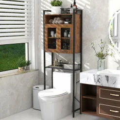 Tangkula Over The Toilet Storage Cabinet, 5-Tier Bathroom Space Saver w/2 Metal Mesh Doors & 3-Position Adjustable Shelf