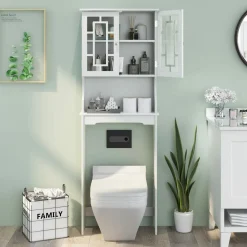 Tangkula Over The Toilet Storage Cabinet, Freestanding Over Toilet Storage Rack w/ 2 Tempered Glass Doors
