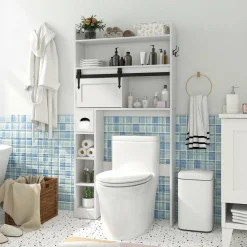 Tangkula Over The Toilet Storage Cabinet, Farmhouse Freestanding Above Toilet Rack w/Sliding Barn Door
