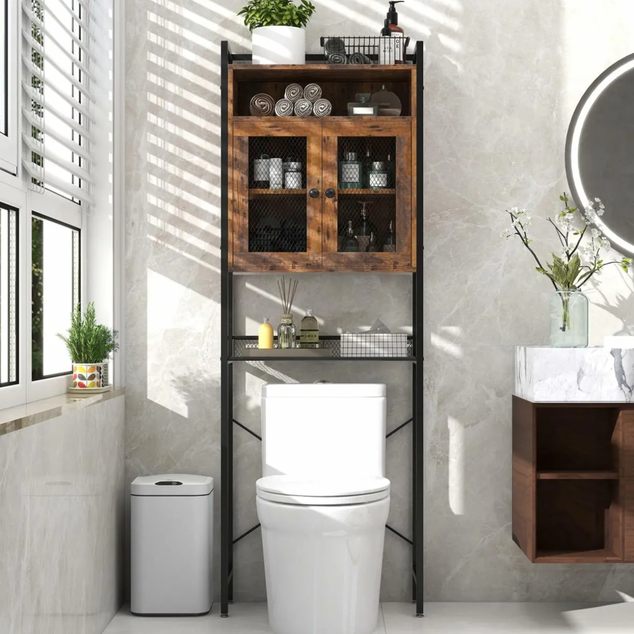Tangkula Over The Toilet Storage Cabinet, 5-Tier Bathroom Space Saver w/2 Metal Mesh Doors & 3-Position Adjustable Shelf