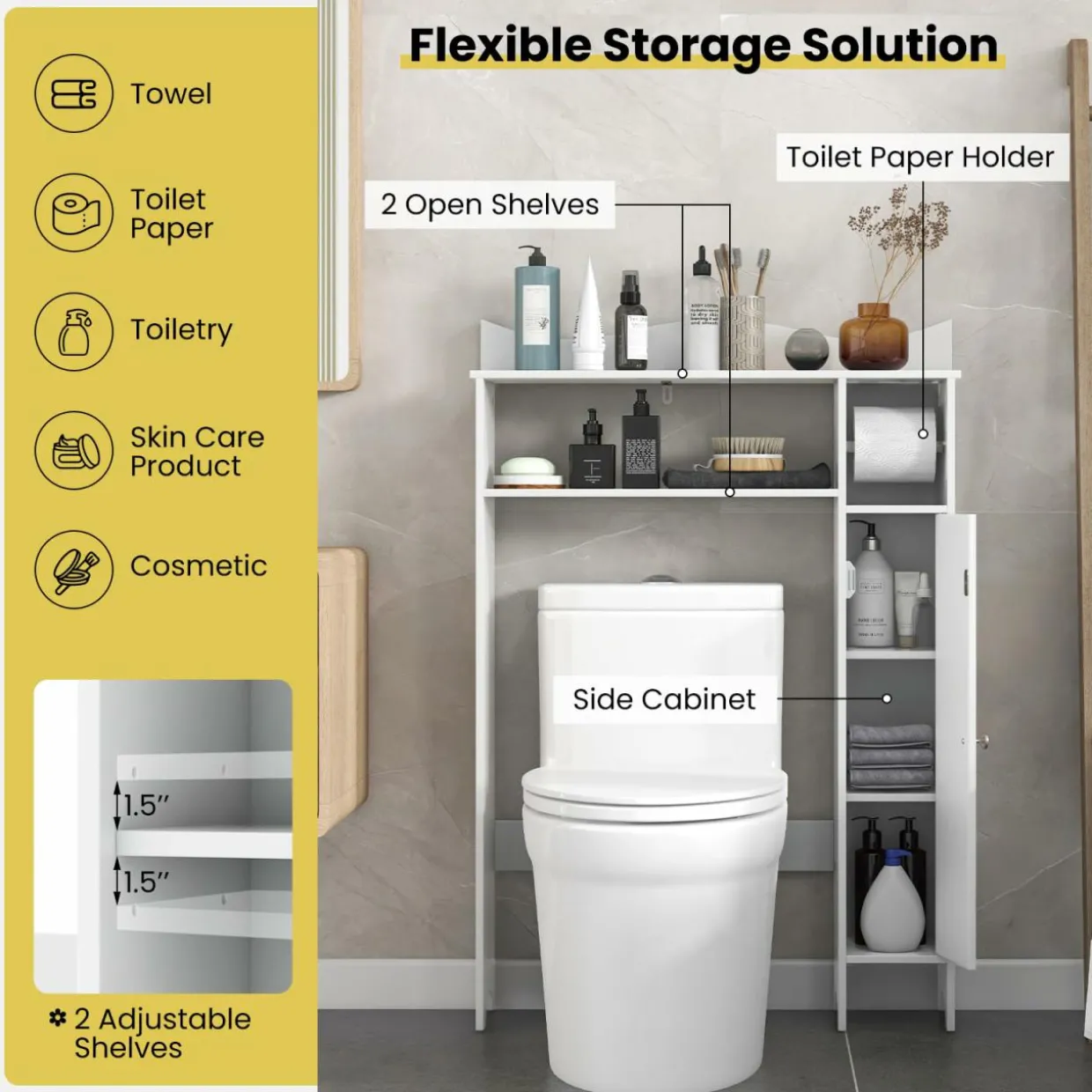 Tangkula Over The Toilet Storage Cabinet, Bathroom Space Saver w/Adjustable Shelves & Paper Holder
