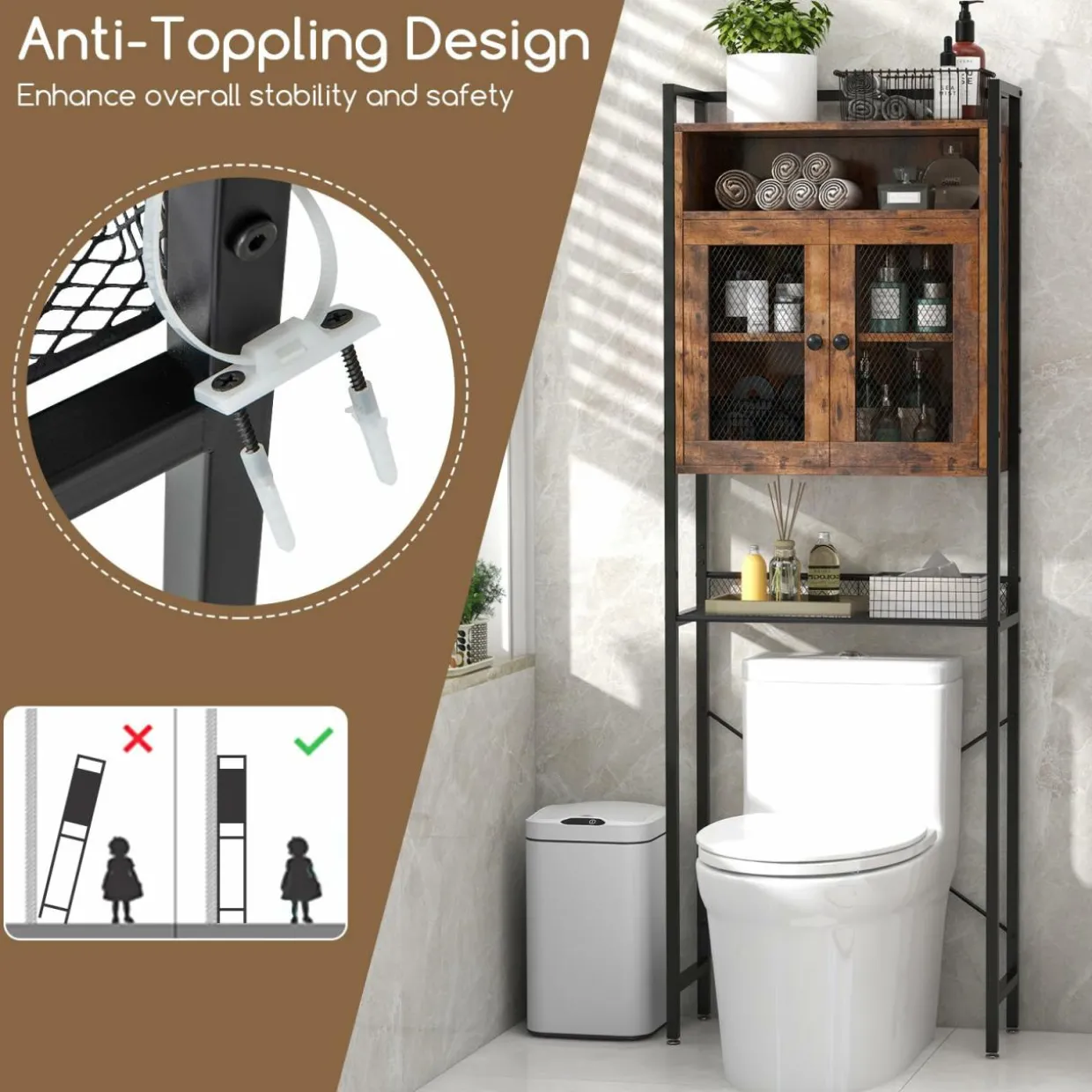 Tangkula Over The Toilet Storage Cabinet, 5-Tier Bathroom Space Saver w/2 Metal Mesh Doors & 3-Position Adjustable Shelf