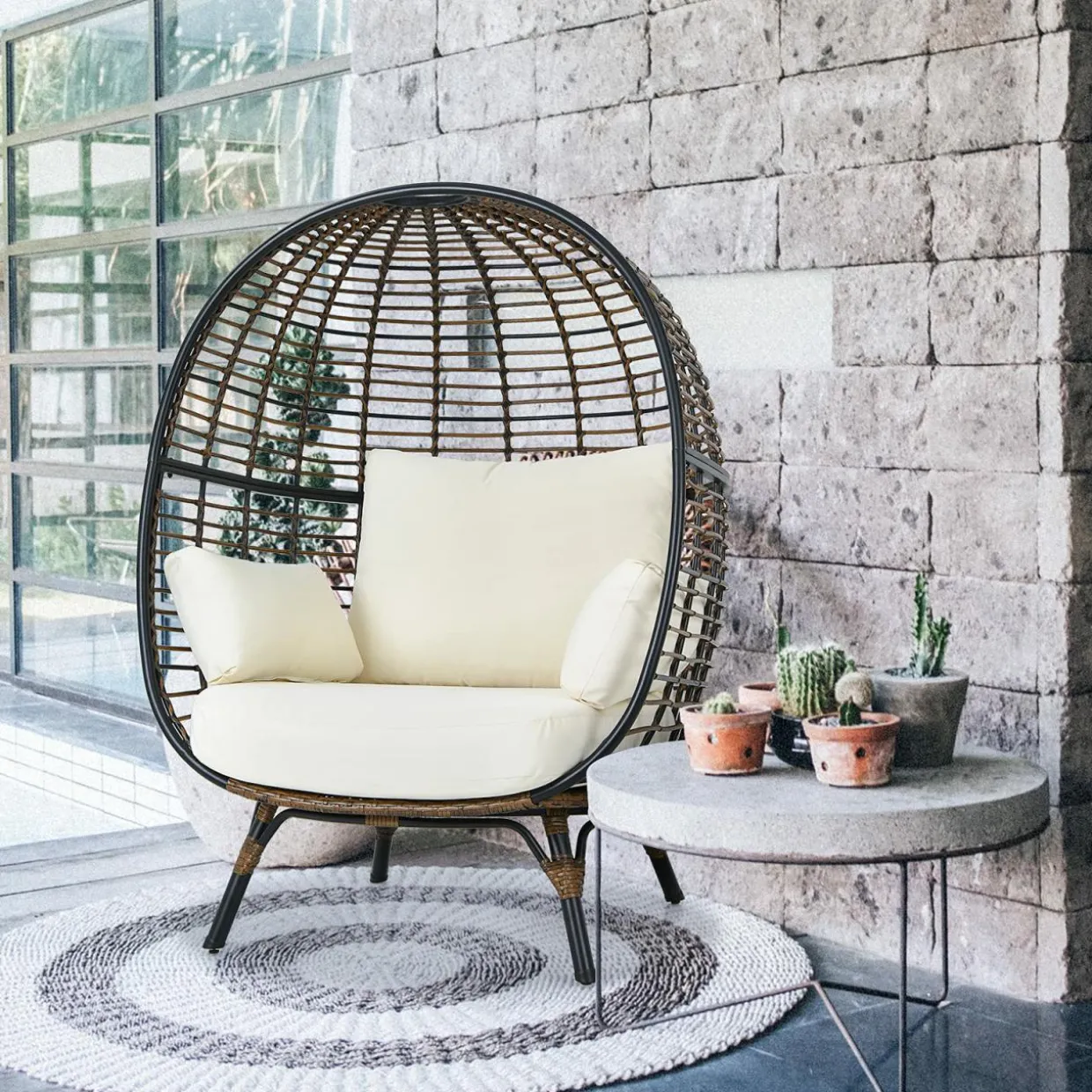 Tangkula Oversized Wicker Egg Chair, Wicker Patio Basket Circle Lounge Chair w/Metal Stand & 4 Thick Cushions, 450 LBS Max Load