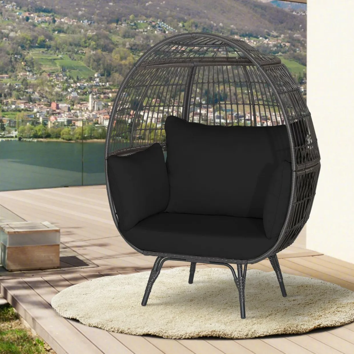 Tangkula Oversized Wicker Egg Chair, Wicker Patio Basket Circle Lounge Chair w/Metal Stand & 4 Thick Cushions, 450 LBS Max Load
