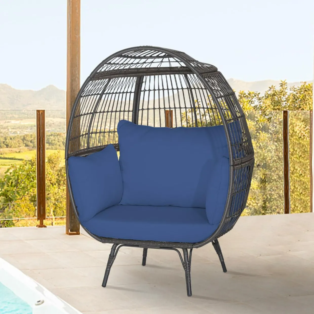 Tangkula Oversized Wicker Egg Chair, Wicker Patio Basket Circle Lounge Chair w/Metal Stand & 4 Thick Cushions, 450 LBS Max Load