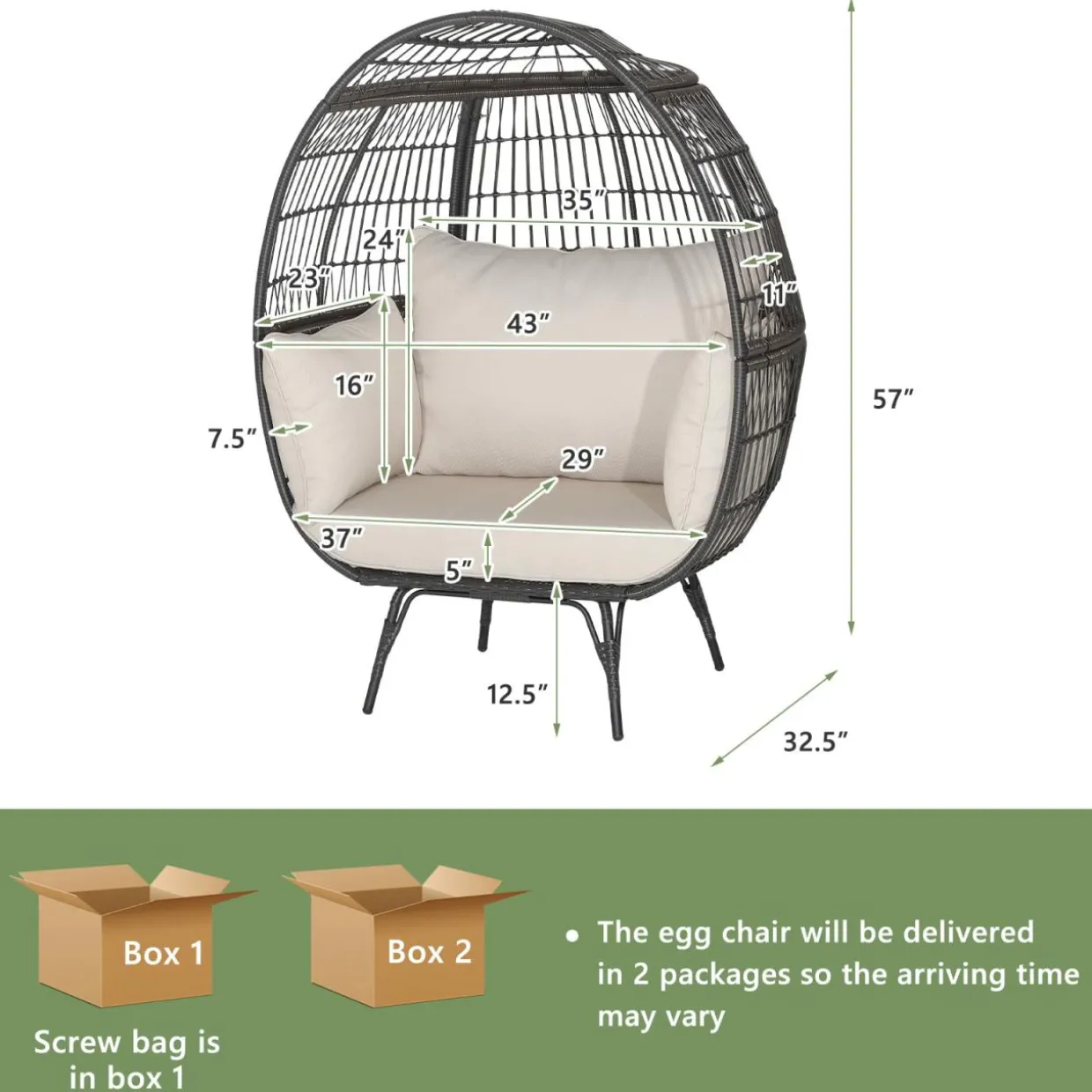 Tangkula Oversized Wicker Egg Chair, Wicker Patio Basket Circle Lounge Chair w/Metal Stand & 4 Thick Cushions, 450 LBS Max Load