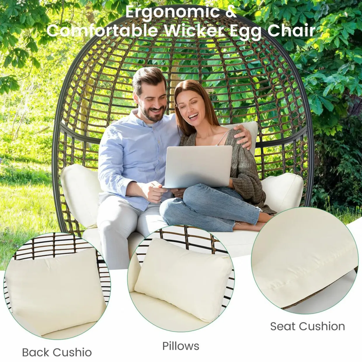 Tangkula Oversized Wicker Egg Chair, Wicker Patio Basket Circle Lounge Chair w/Metal Stand & 4 Thick Cushions, 450 LBS Max Load