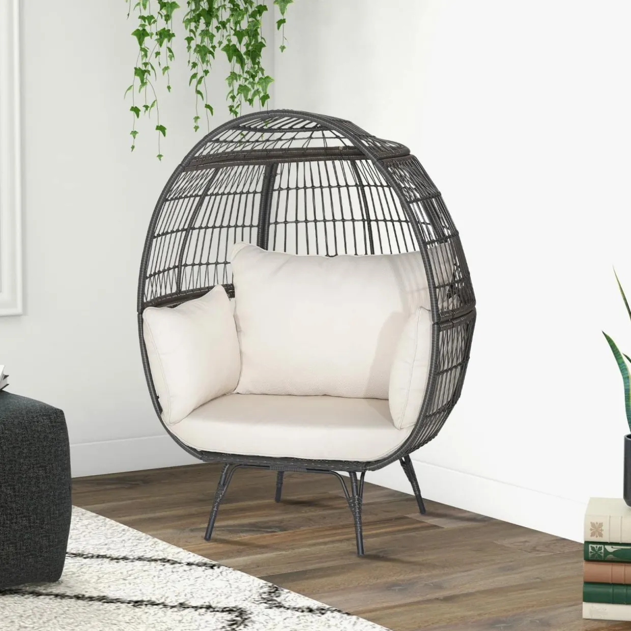 Tangkula Oversized Wicker Egg Chair, Wicker Patio Basket Circle Lounge Chair w/Metal Stand & 4 Thick Cushions, 450 LBS Max Load