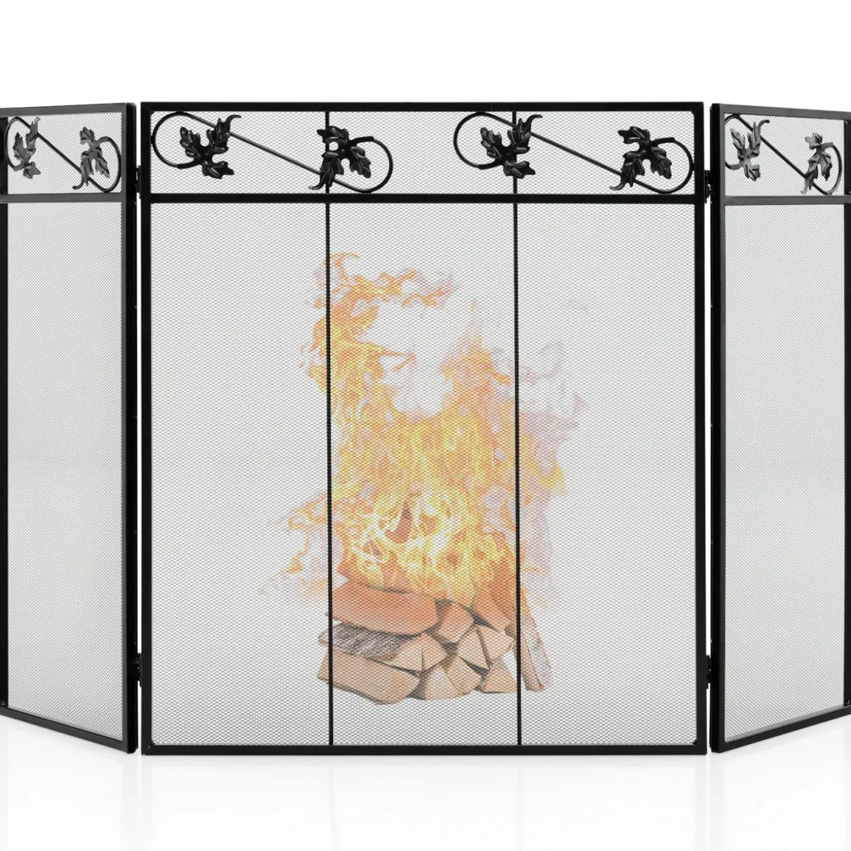 Tangkula 3-Panel Fireplace Screen, Folding Decorative Spark Guard with Exquisite Pattern for Baby & Pets