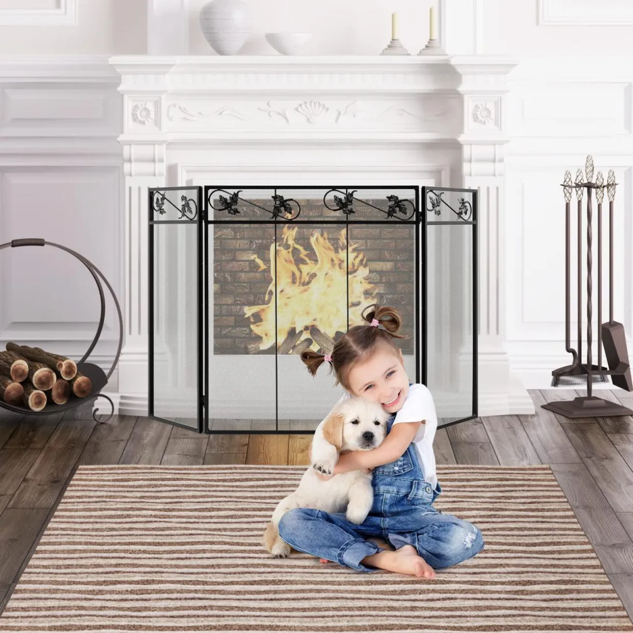 Tangkula 3-Panel Fireplace Screen, Folding Decorative Spark Guard with Exquisite Pattern for Baby & Pets