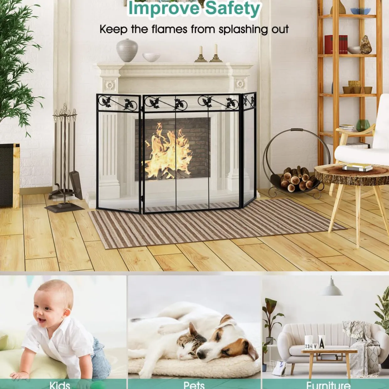 Tangkula 3-Panel Fireplace Screen, Folding Decorative Spark Guard with Exquisite Pattern for Baby & Pets