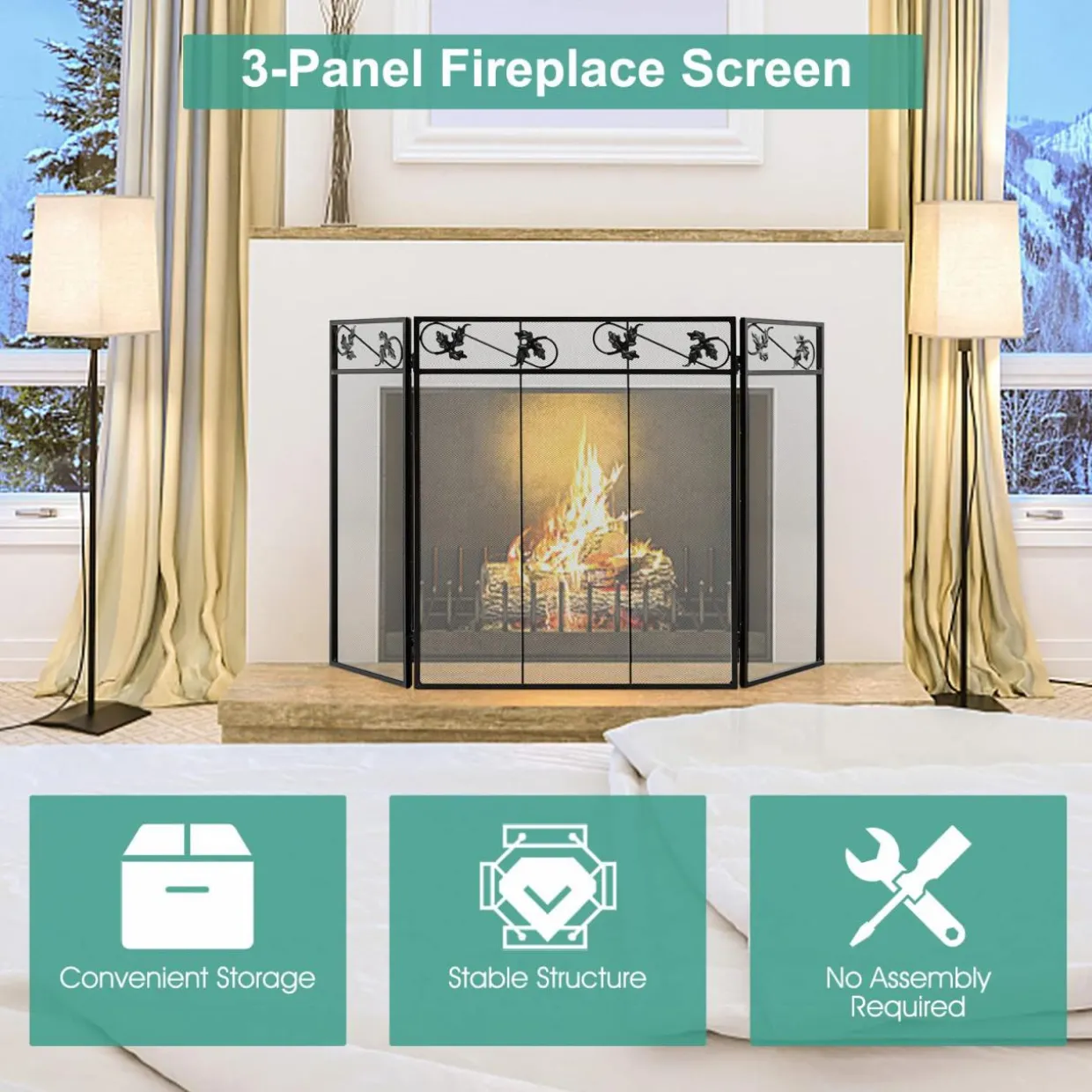 Tangkula 3-Panel Fireplace Screen, Folding Decorative Spark Guard with Exquisite Pattern for Baby & Pets