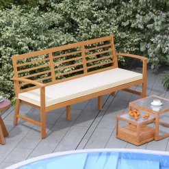 Tangkula Patio 64 Inch Wood Bench, 3-Seat Extra Long Acacia Chair w/Seat Cushion