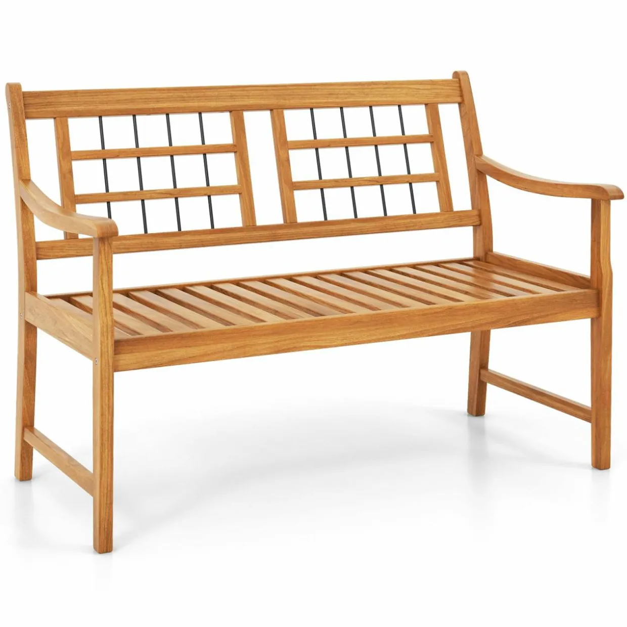 Tangkula Patio Acacia Wood Bench, Wooden 2-Person Outside Chair w/Curved Armrests