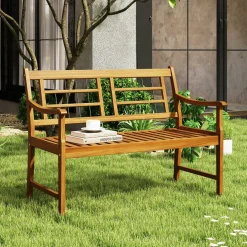 Tangkula Patio Acacia Wood Bench, Wooden 2-Person Outside Chair w/Curved Armrests