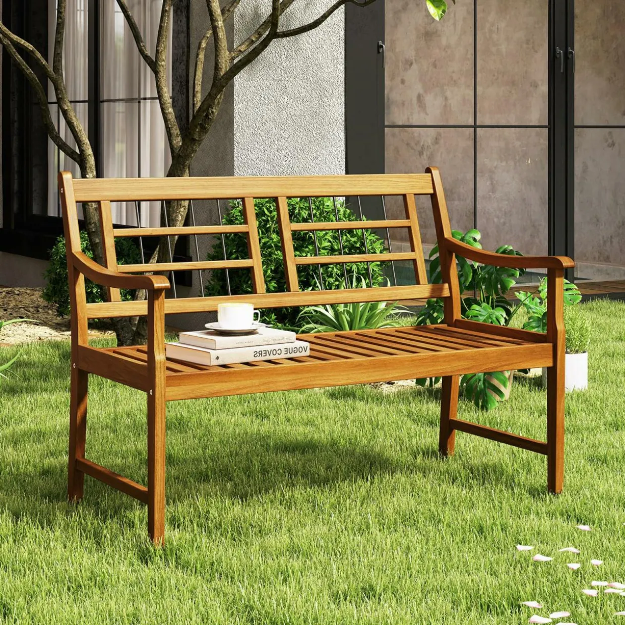 Tangkula Patio Acacia Wood Bench, Wooden 2-Person Outside Chair w/Curved Armrests