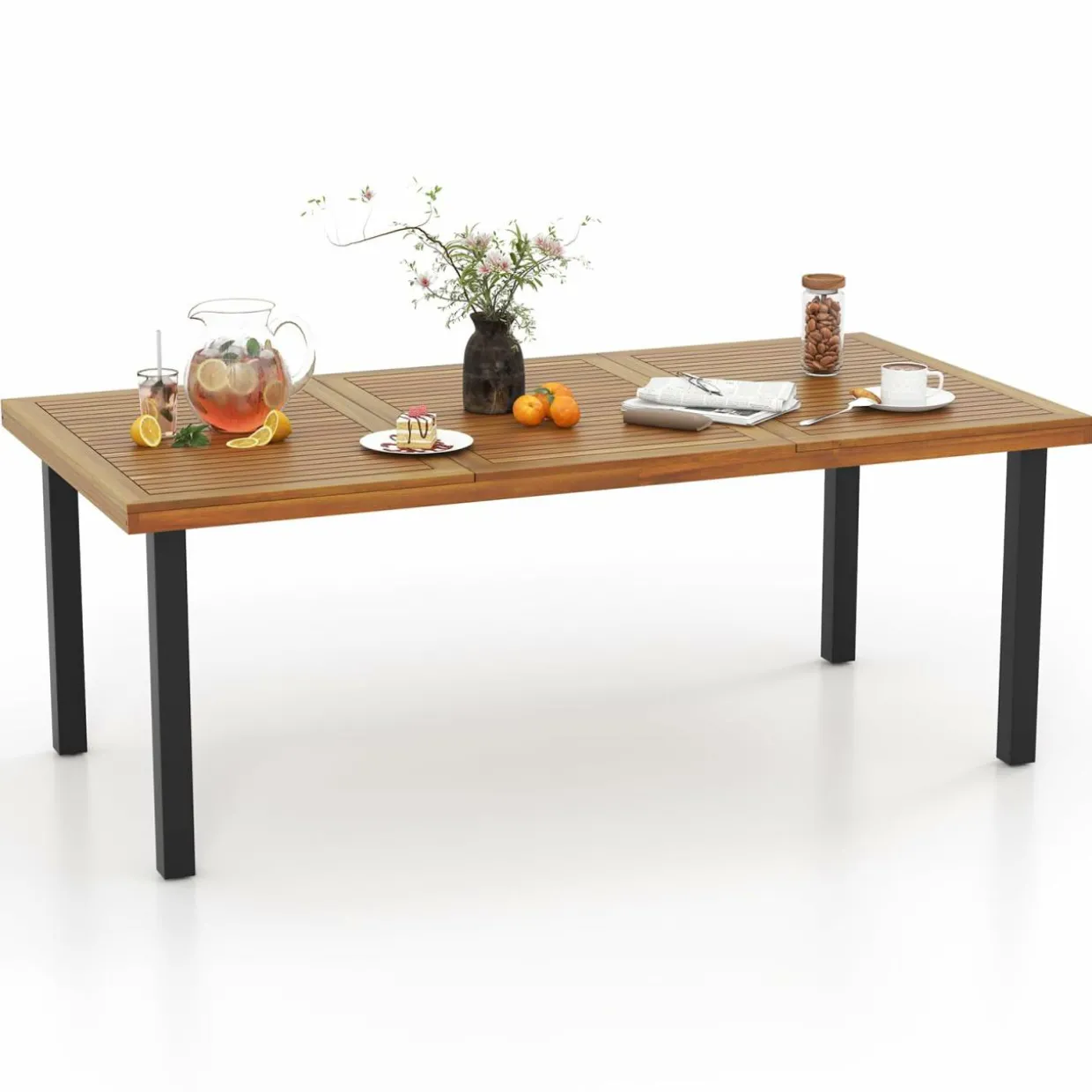 Tangkula Patio Acacia Wood Dining Table for 6 Persons, Large Rectangular Dining Table with Metal Legs