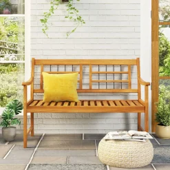 Tangkula Patio Acacia Wood Bench, Wooden 2-Person Outside Chair w/Curved Armrests
