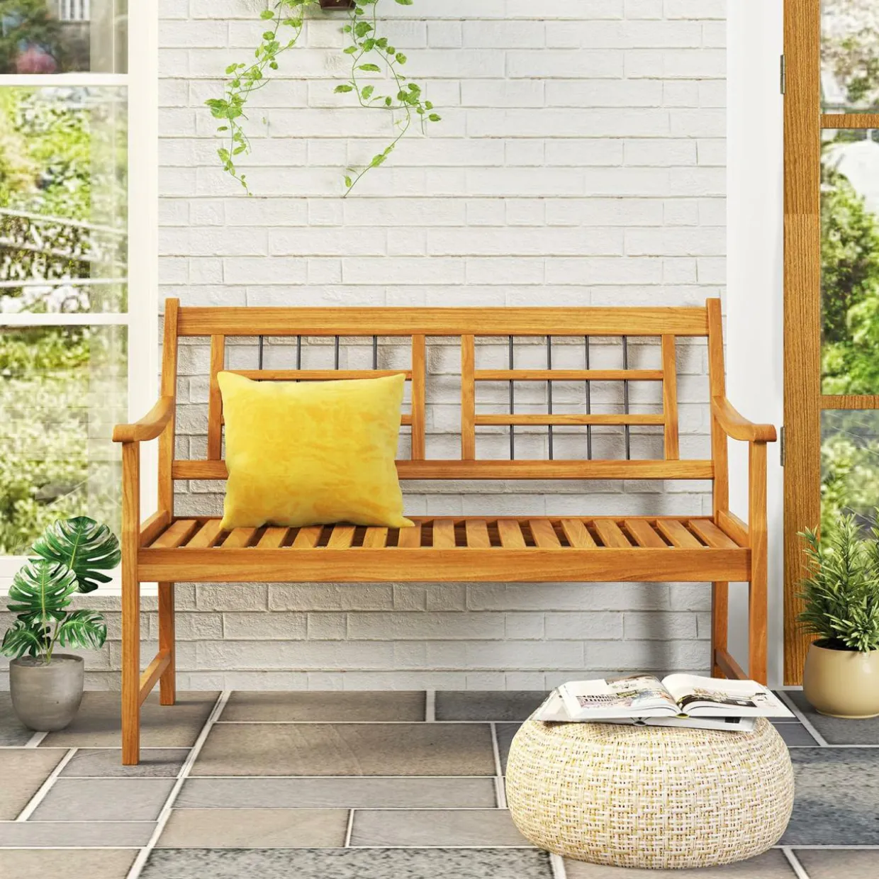 Tangkula Patio Acacia Wood Bench, Wooden 2-Person Outside Chair w/Curved Armrests