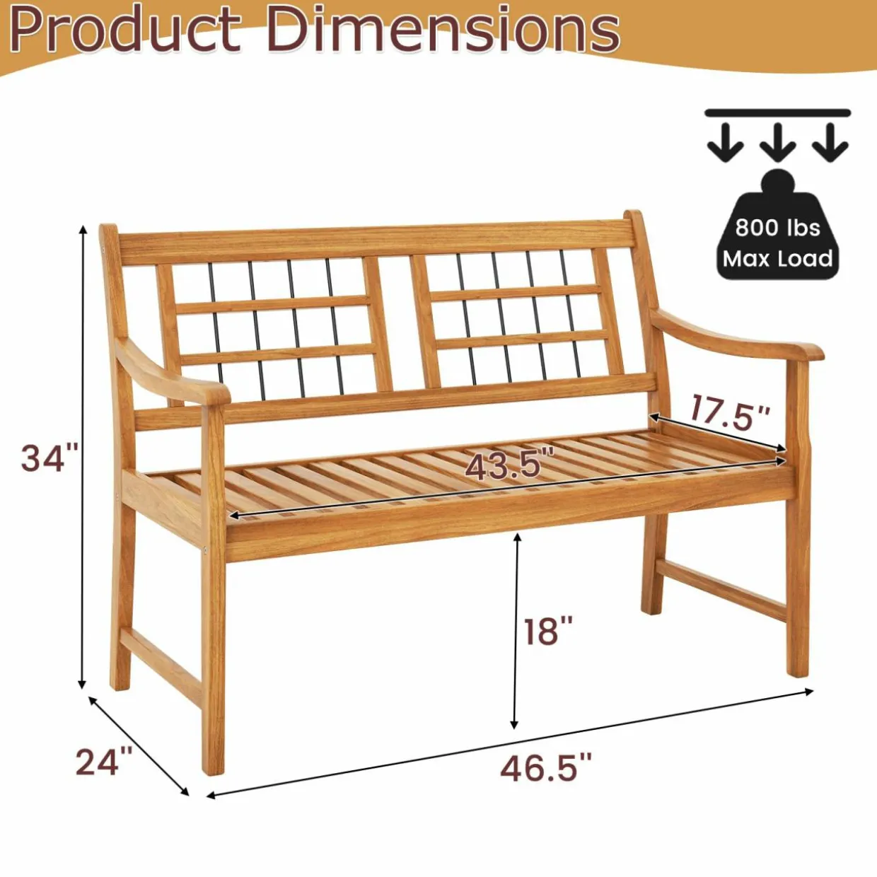 Tangkula Patio Acacia Wood Bench, Wooden 2-Person Outside Chair w/Curved Armrests