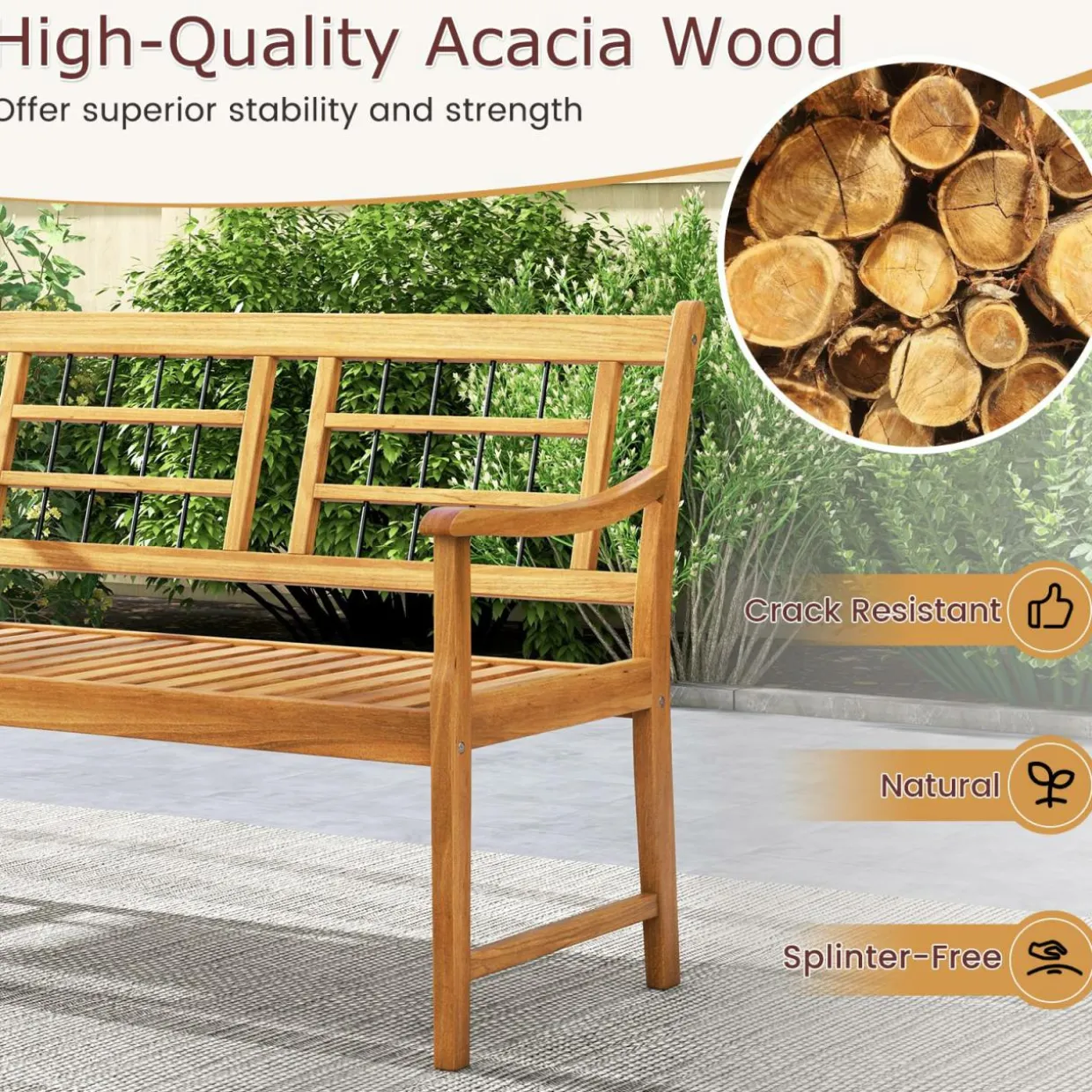 Tangkula Patio Acacia Wood Bench, Wooden 2-Person Outside Chair w/Curved Armrests