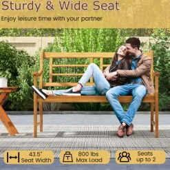 Tangkula Patio Acacia Wood Bench, Wooden 2-Person Outside Chair w/Curved Armrests
