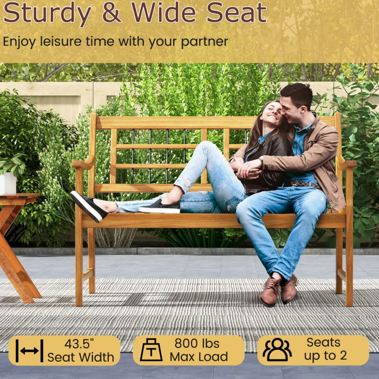 Tangkula Patio Acacia Wood Bench, Wooden 2-Person Outside Chair w/Curved Armrests