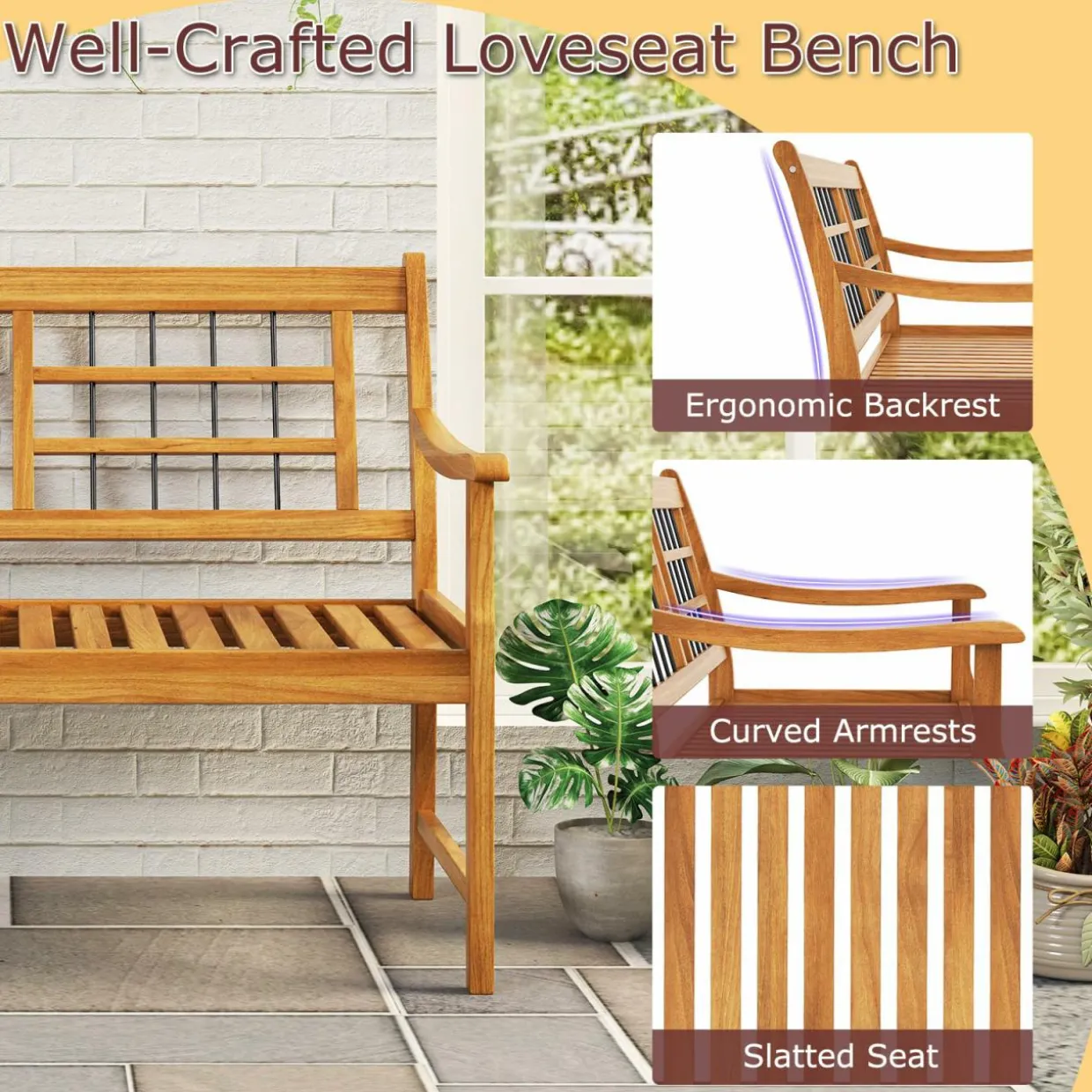 Tangkula Patio Acacia Wood Bench, Wooden 2-Person Outside Chair w/Curved Armrests