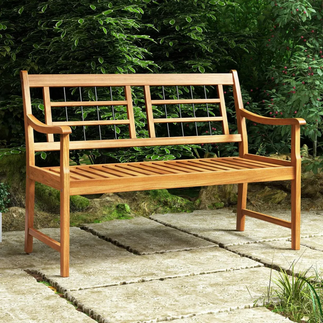 Tangkula Patio Acacia Wood Bench, Wooden 2-Person Outside Chair w/Curved Armrests