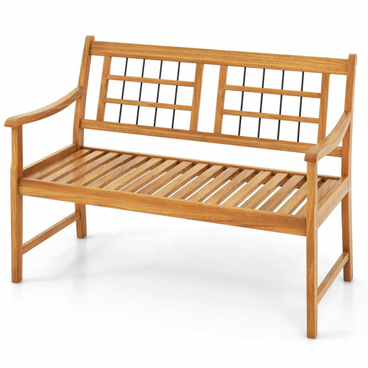 Tangkula Patio Acacia Wood Bench, Wooden 2-Person Outside Chair w/Curved Armrests