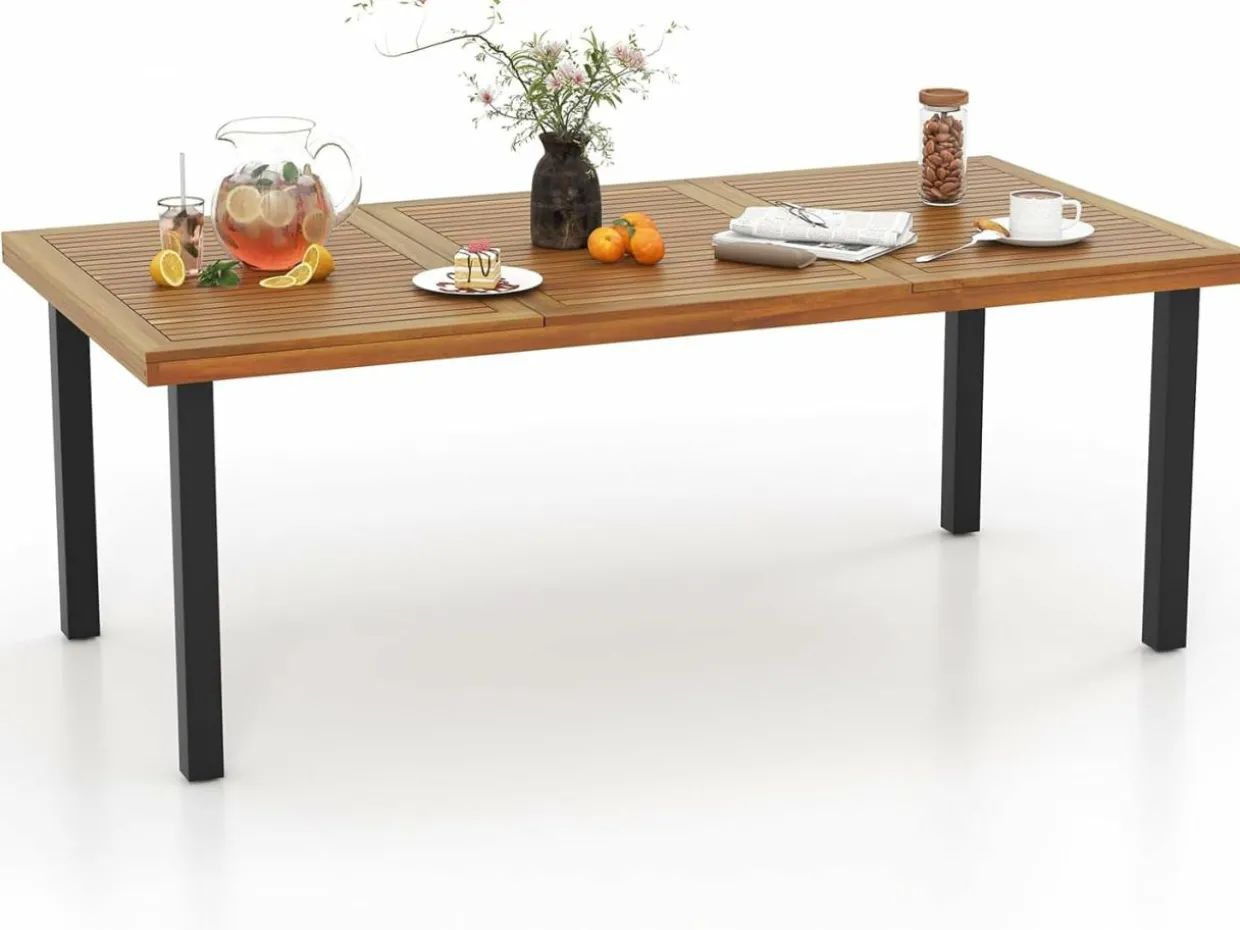 Tangkula Patio Acacia Wood Dining Table for 6 Persons, Large Rectangular Dining Table with Metal Legs