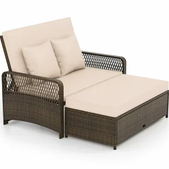 Tangkula Patio Adjustable Wicker Daybed, Rattan Loveseat & Storage Ottoman w/ 4-Level Backrest & Soft Cushions