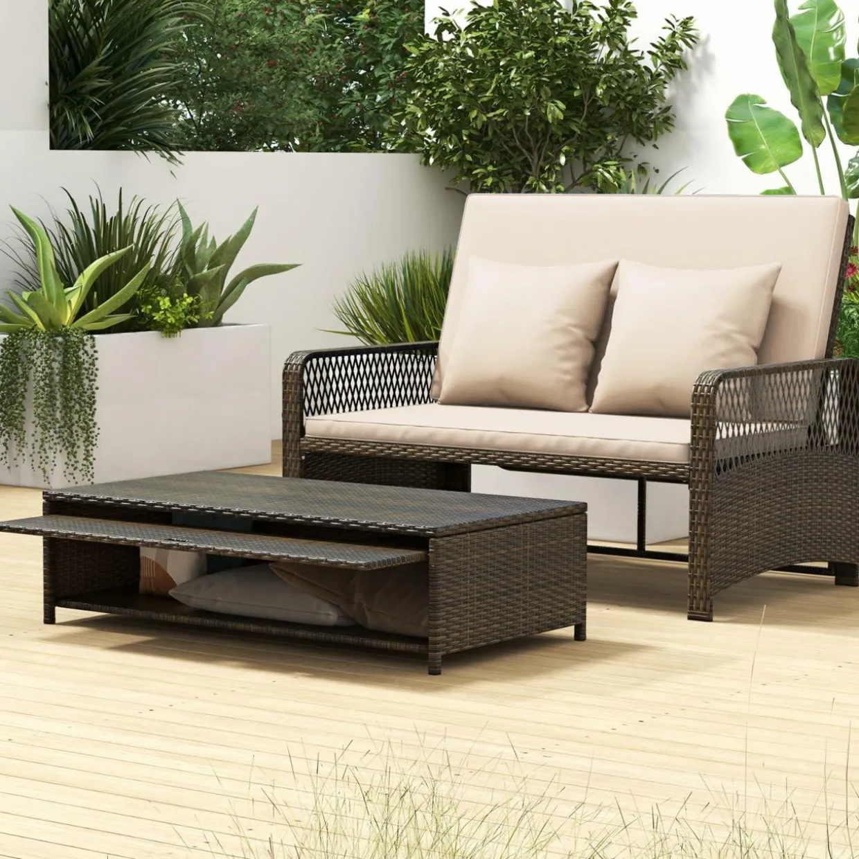 Tangkula Patio Adjustable Wicker Daybed, Rattan Loveseat & Storage Ottoman w/ 4-Level Backrest & Soft Cushions