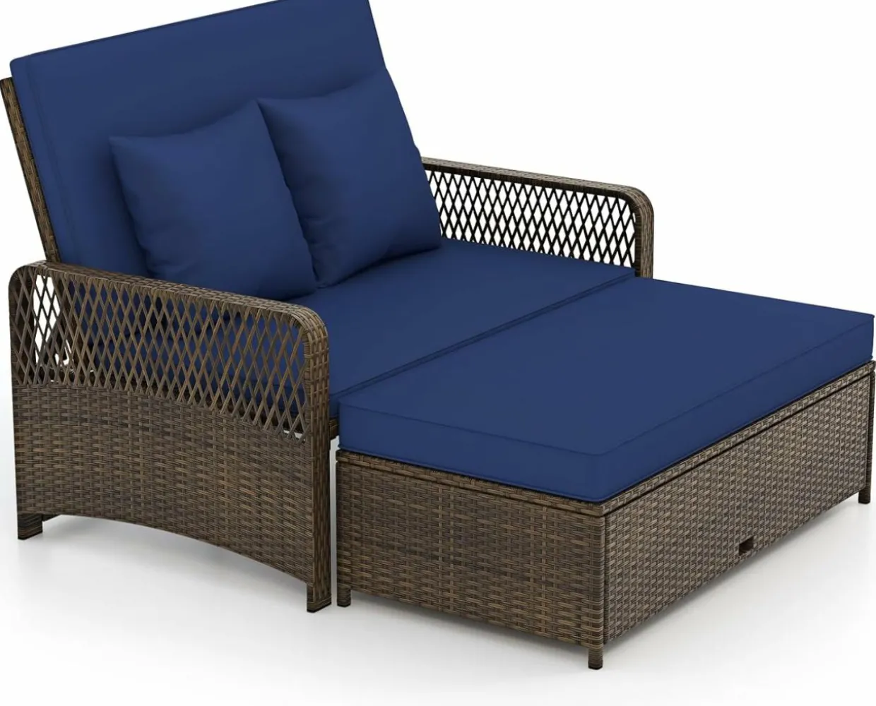 Tangkula Patio Adjustable Wicker Daybed, Rattan Loveseat & Storage Ottoman w/ 4-Level Backrest & Soft Cushions