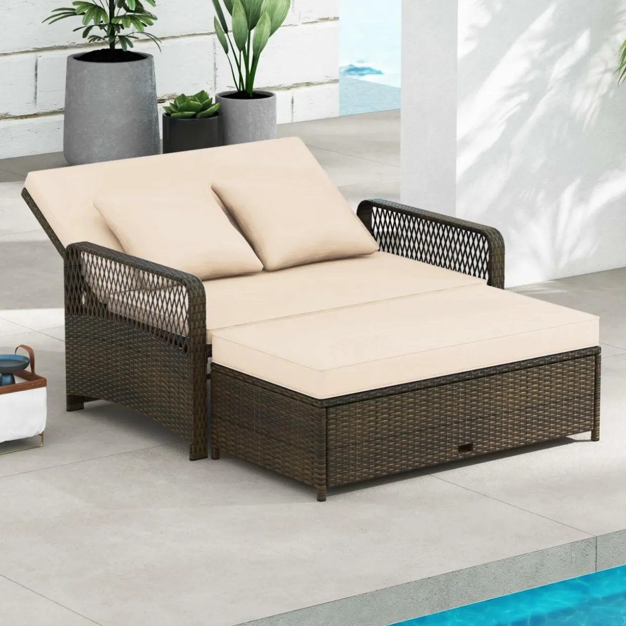 Tangkula Patio Adjustable Wicker Daybed, Rattan Loveseat & Storage Ottoman w/ 4-Level Backrest & Soft Cushions