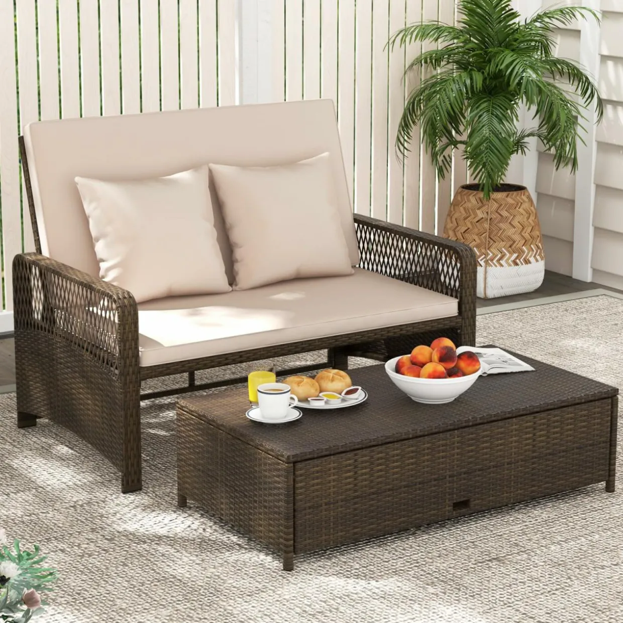 Tangkula Patio Adjustable Wicker Daybed, Rattan Loveseat & Storage Ottoman w/ 4-Level Backrest & Soft Cushions