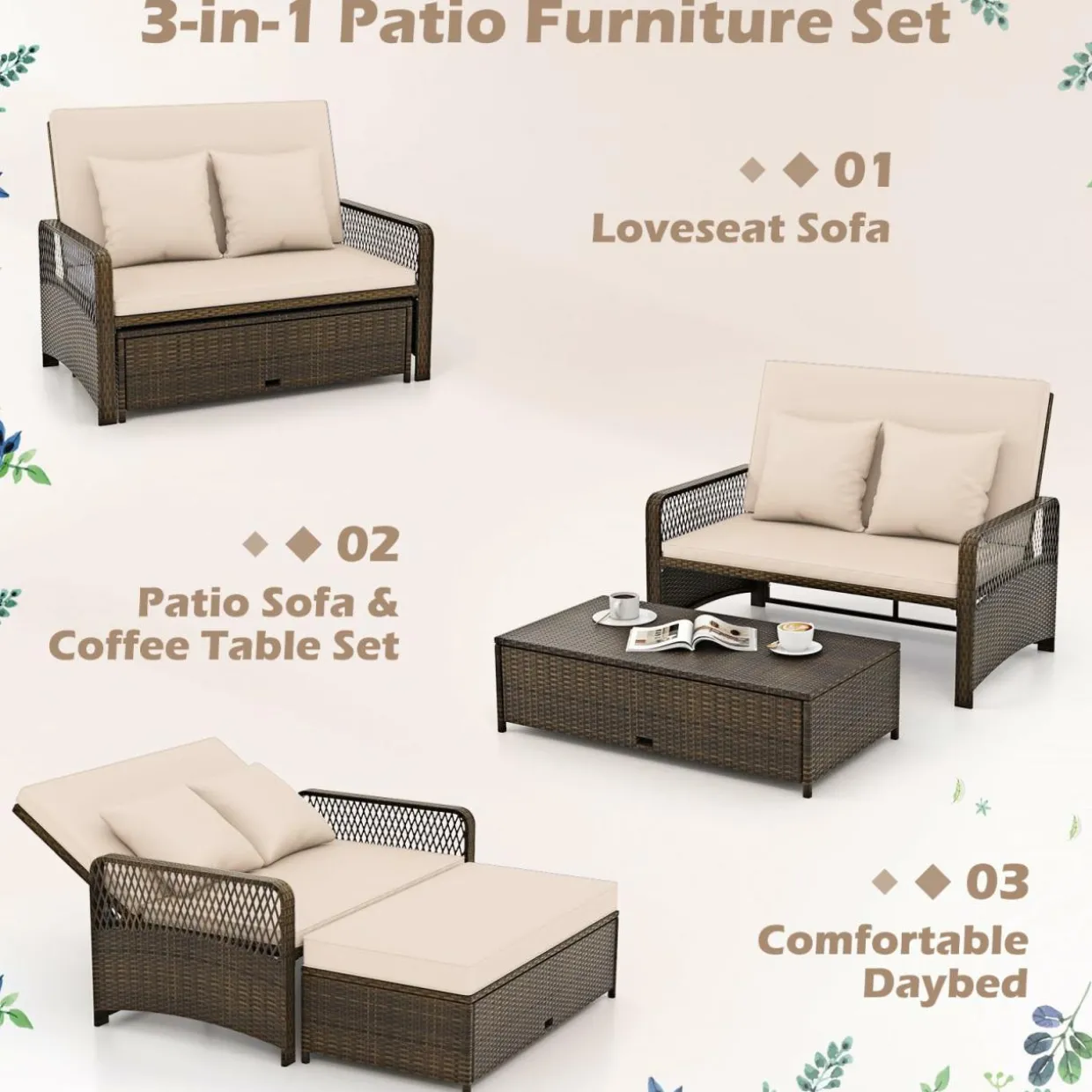Tangkula Patio Adjustable Wicker Daybed, Rattan Loveseat & Storage Ottoman w/ 4-Level Backrest & Soft Cushions