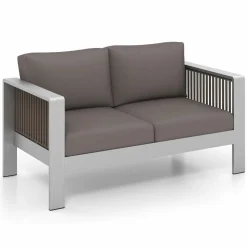 Tangkula Patio Aluminum Loveseat Sofa, Outdoor Furniture Set with Thick Back & Seat Cushions (Gray)