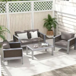 Tangkula Patio Aluminum Loveseat Sofa, Outdoor Furniture Set with Thick Back & Seat Cushions (Gray)