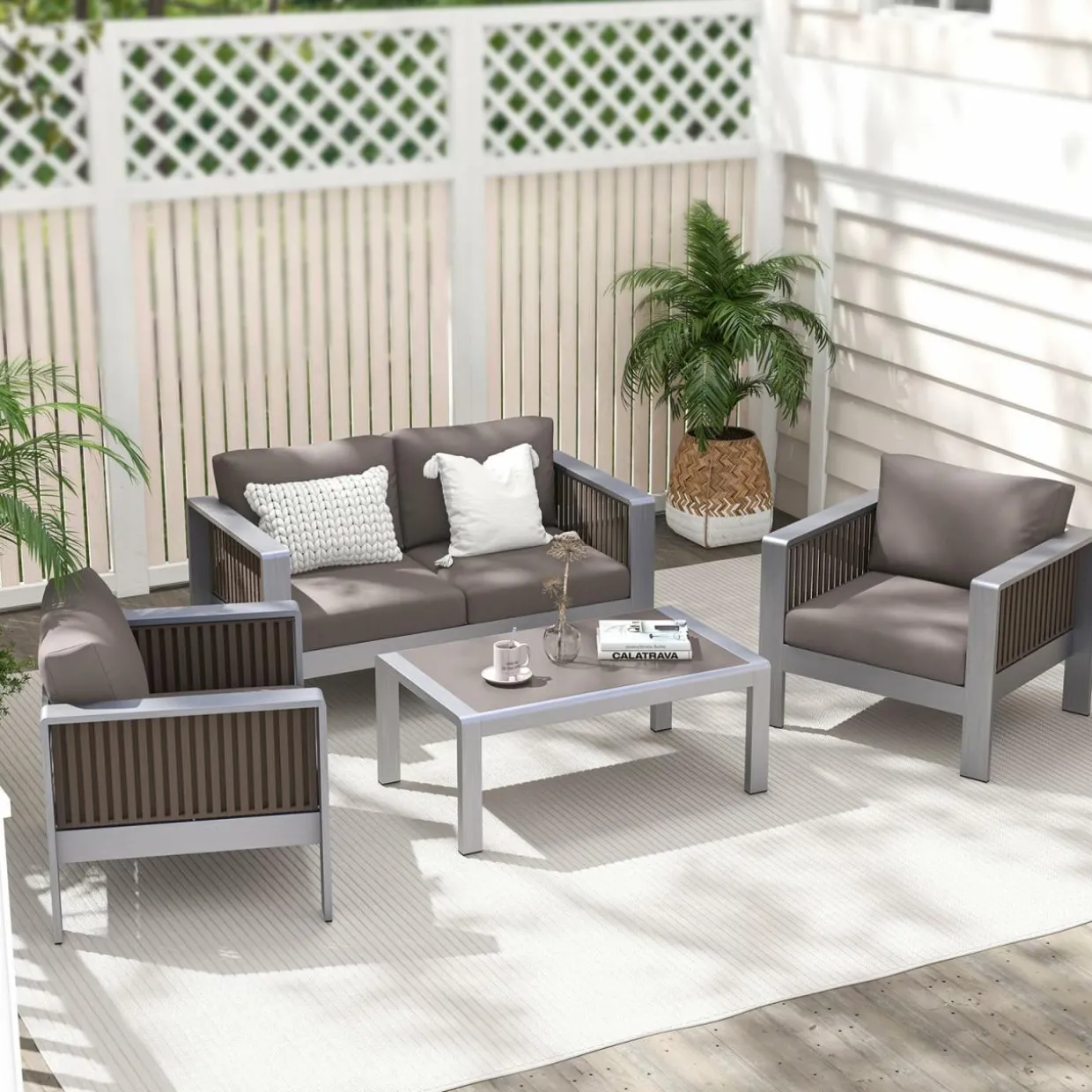 Tangkula Patio Aluminum Loveseat Sofa, Outdoor Furniture Set with Thick Back & Seat Cushions (Gray)