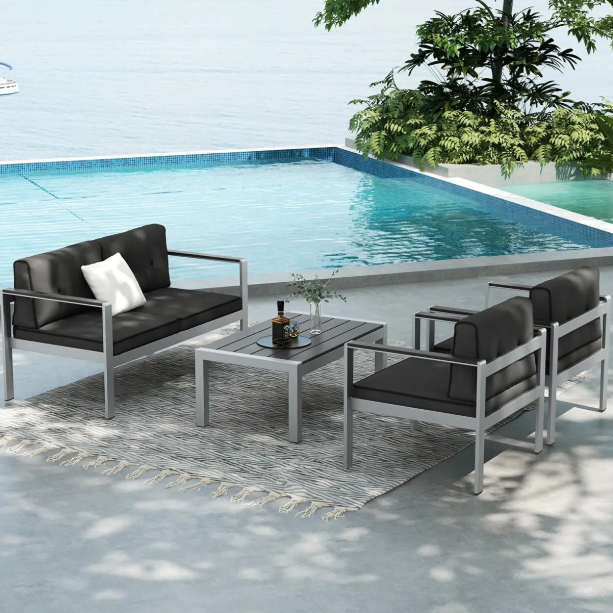 Tangkula Patio Aluminum Loveseat Sofa, Contemporary 2-Person Sofa Chair with WPC Armrests
