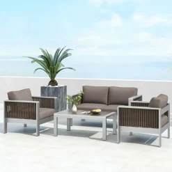 Tangkula Patio Aluminum Loveseat Sofa, Outdoor Furniture Set with Thick Back & Seat Cushions (Gray)