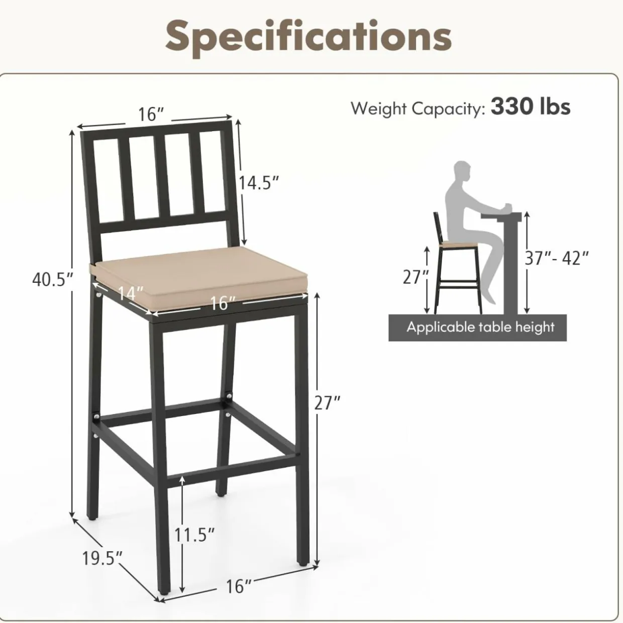 Tangkula Patio Bar Chairs, Heavy-Duty Metal Frame Bar Stools w/Backrest, Indoor Outdoor Barstools